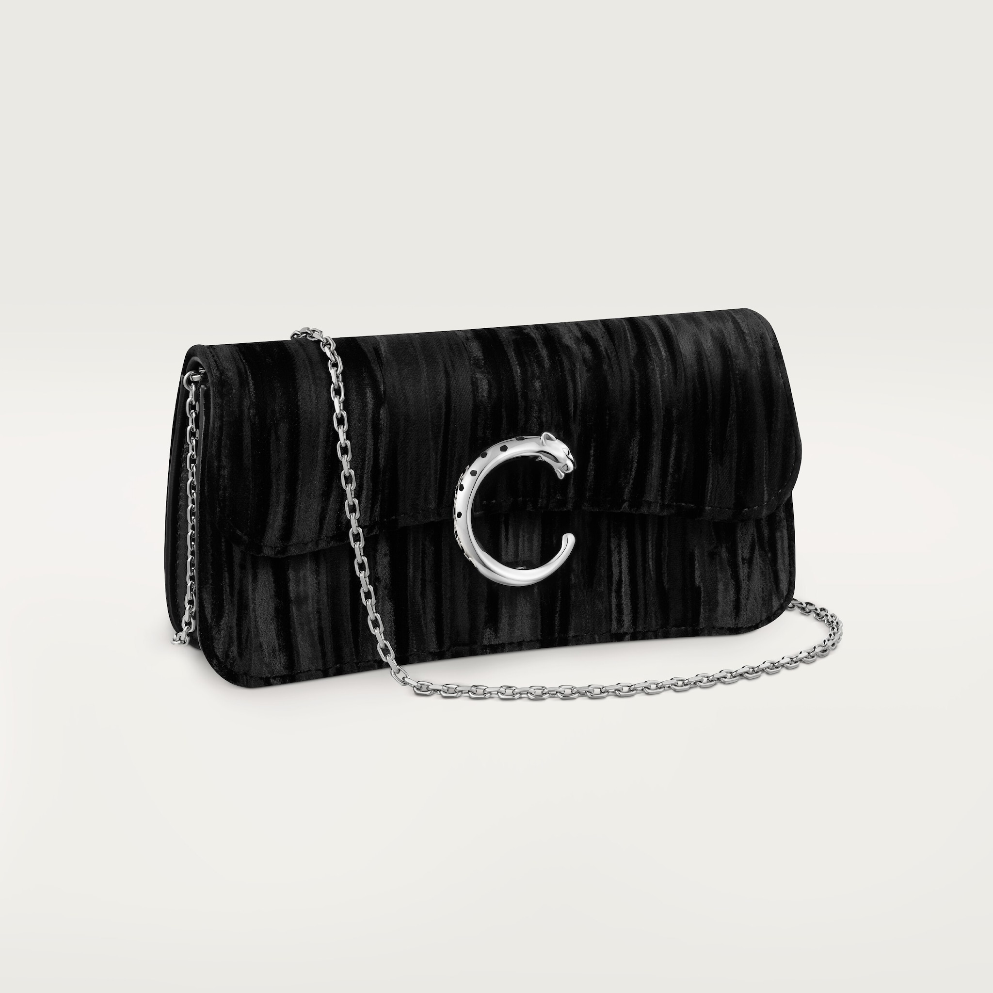 Chain bag mini, Panthère de CartierBlack pleated velvet, palladium finish and black enamel