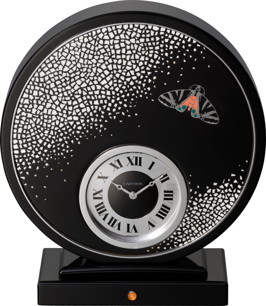Exceptional clock with artistically crafted eggshell mosaicSterling silver, palladium-finish details