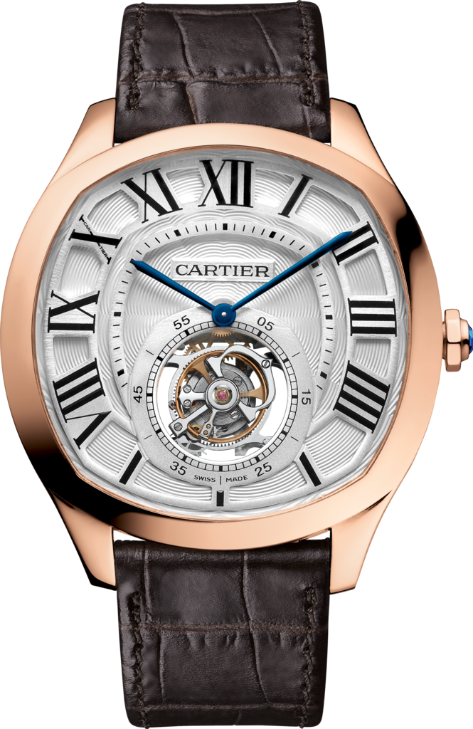 Reloj Drive de Cartier Tourbillon VolanteTamaño grande, movimiento mecánico de cuerda manual, oro rosa, piel