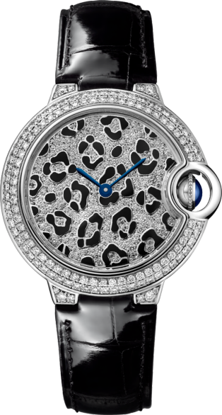 Reloj Ballon Bleu de Cartier manchas de pantera 33 mm, movimiento automático, oro blanco, esmalte, diamantes, piel