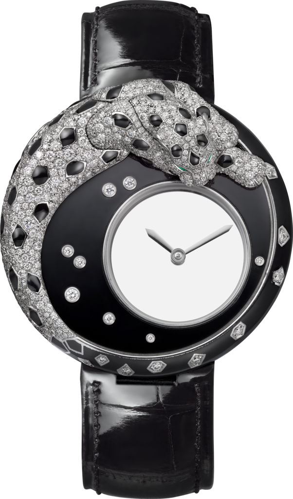 Reloj Joaillère Panthère40 mm, movimiento mecánico de cuerda manual, oro blanco, laca, diamantes, piel