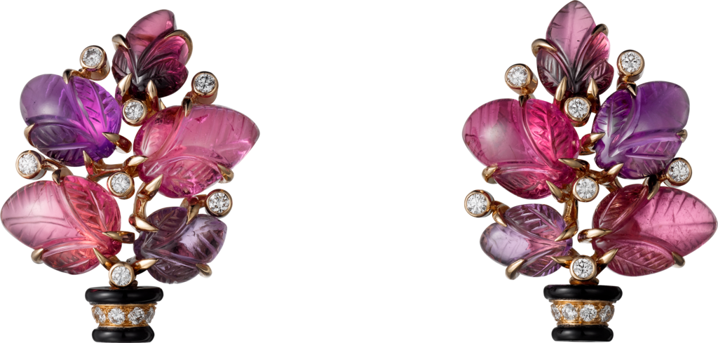 Earrings with engraved stonesRose gold, rubellites, amethysts, garnets, onyx, diamonds