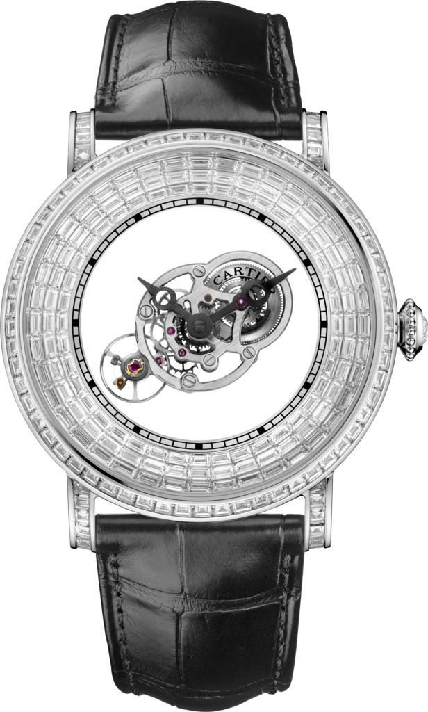 Reloj Rotonde Astromystérieux baguettes43,5 mm, movimiento mecánico de cuerda manual, platino, diamantes, piel