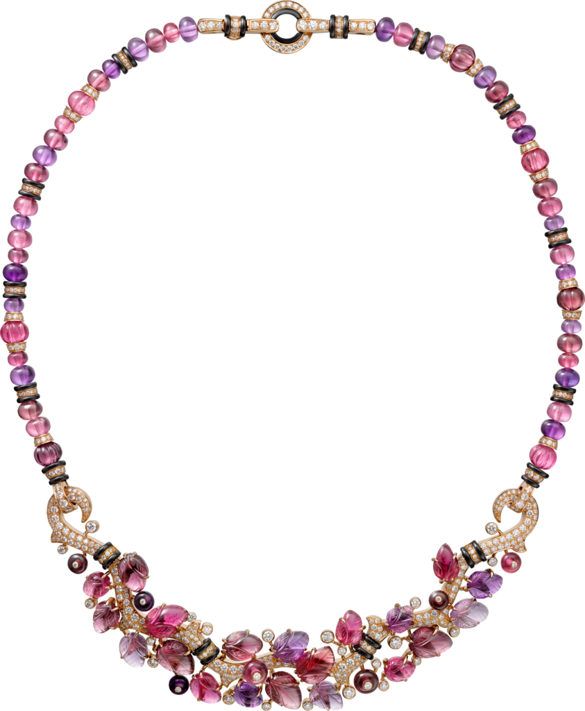 Necklace with engraved stonesRose gold, rubellites, amethysts, garnets, onyx, diamonds