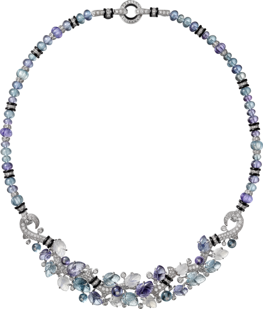 Necklace with engraved stonesWhite gold, aquamarines, tanzanites, moonstones, onyx, diamonds