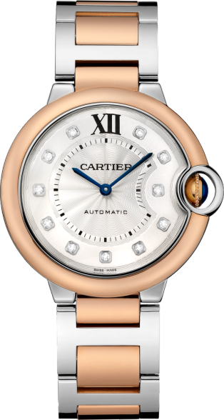 Ballon Bleu de Cartier watch 36 mm, mechanical movement with automatic winding, rose gold, steel, diamonds