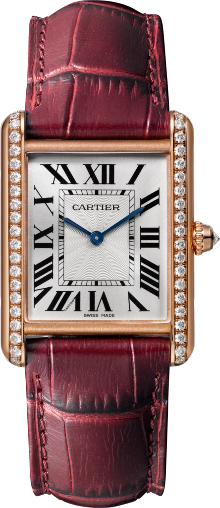 Reloj Tank Louis CartierTamaño grande, movimiento mecánico de cuerda manual, oro rosa, diamantes, piel