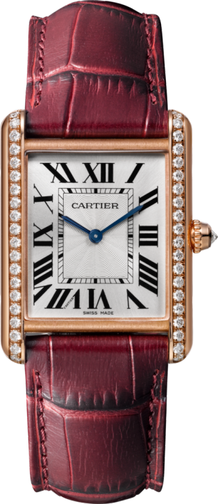 Reloj Tank Louis Cartier Tamaño grande, movimiento mecánico de cuerda manual, oro rosa, diamantes, piel