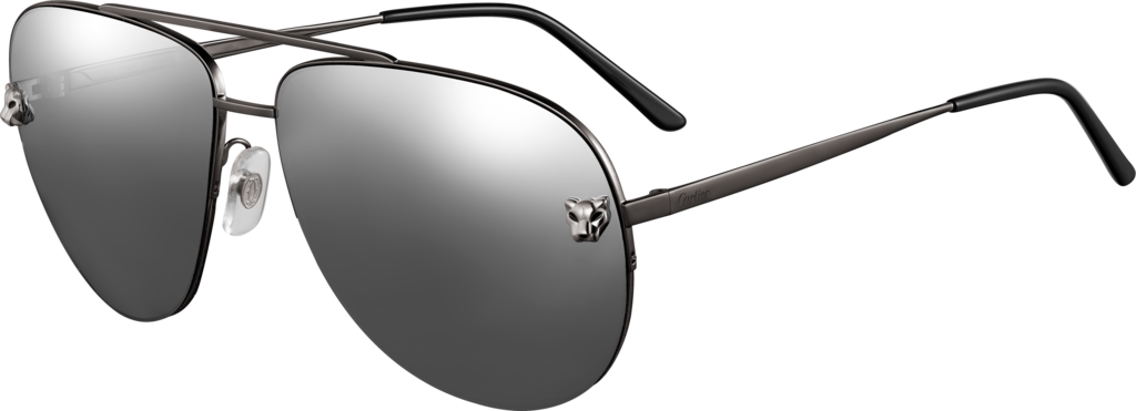 Gafas de sol Panthère de CartierMetal, acabados PVD negro y rutenio, lentes grises con efecto espejo plateado