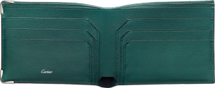 Cartera para seis tarjetas de crédito Must de Cartier Piel de becerro color verde pavo real, acabado acero inoxidable