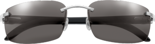 Sonnenbrille mit C-Dekor Marmoriertes schwarzes Büffelhorn, glattes Platin-Finish, graue Gläser