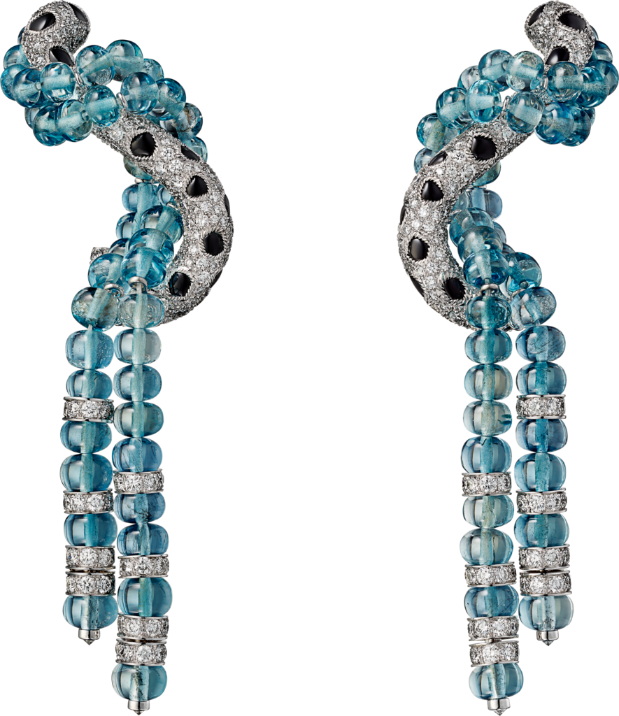 Panthère de Cartier High Jewellery earringsPlatinum, aquamarines, onyx, diamonds.