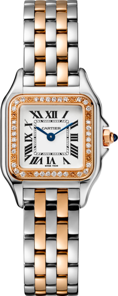 Reloj Panthère de CartierTamaño pequeño, movimiento de cuarzo, oro rosa, acero, diamantes