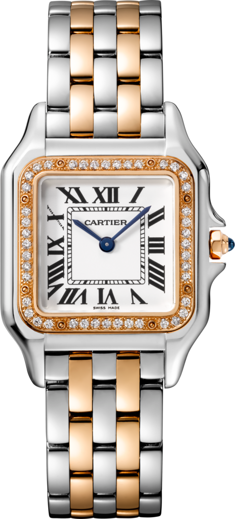 Reloj Panthère de CartierTamaño mediano, movimiento de cuarzo, oro rosa, acero, diamantes