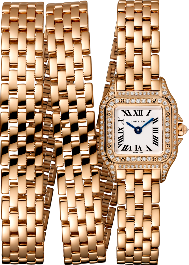 Reloj Panthère de CartierTamaño mini, movimiento de cuarzo, oro rosa, diamantes