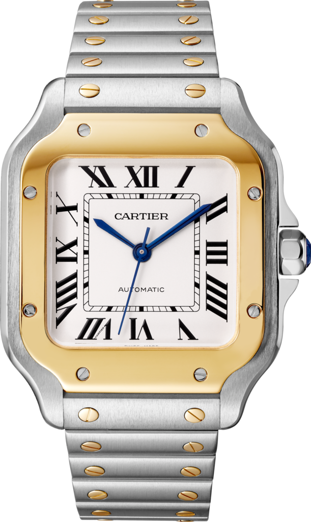 Reloj Santos de CartierTamaño mediano, movimiento automático, oro amarillo, acero, brazalete de metal y correa de piel intercambiables