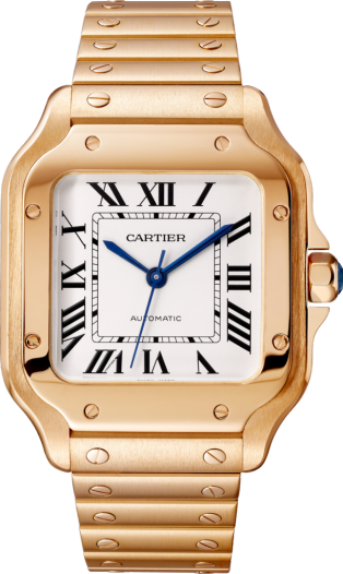 Montre Santos de Cartier Moyen modèle, mouvement automatique, or rose, bracelets métal et cuir interchangeables