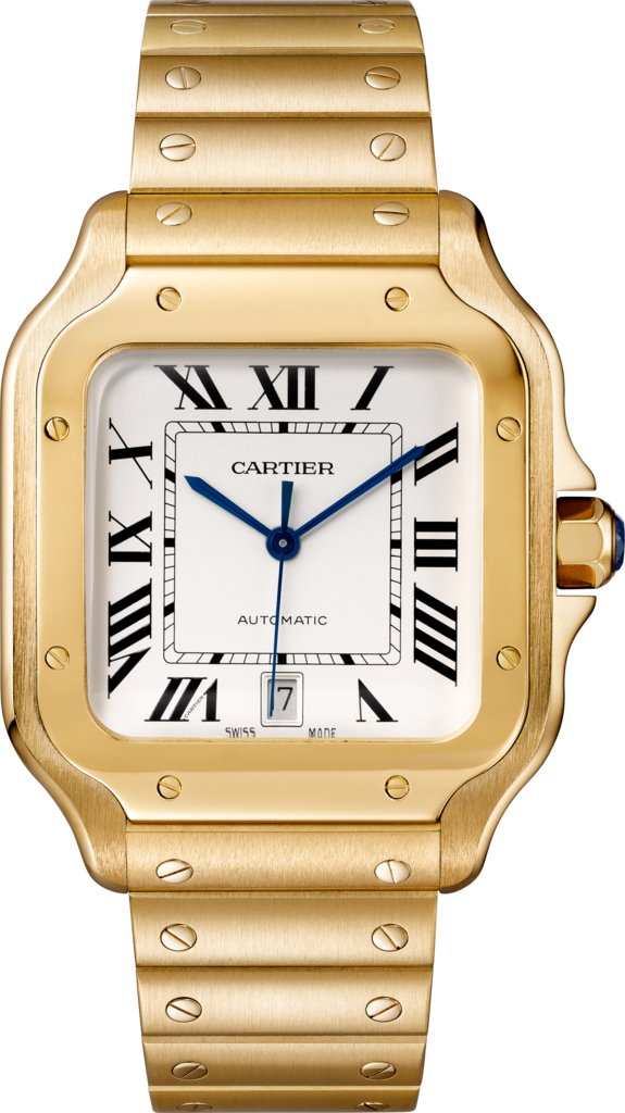 Reloj Santos de CartierTamaño grande, movimiento automático, oro amarillo, brazalete de metal y correa de piel intercambiables