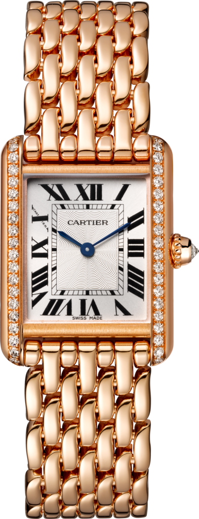 Reloj Tank Louis CartierTamaño pequeño, movimiento mecánico de cuerda manual, oro rosa, diamantes