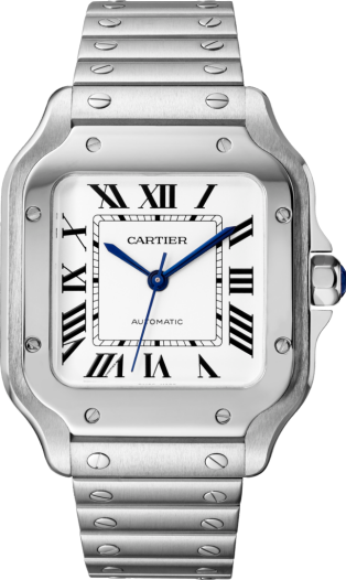 Montre Santos de Cartier Moyen modèle, mouvement automatique, acier, bracelets métal et cuir interchangeables