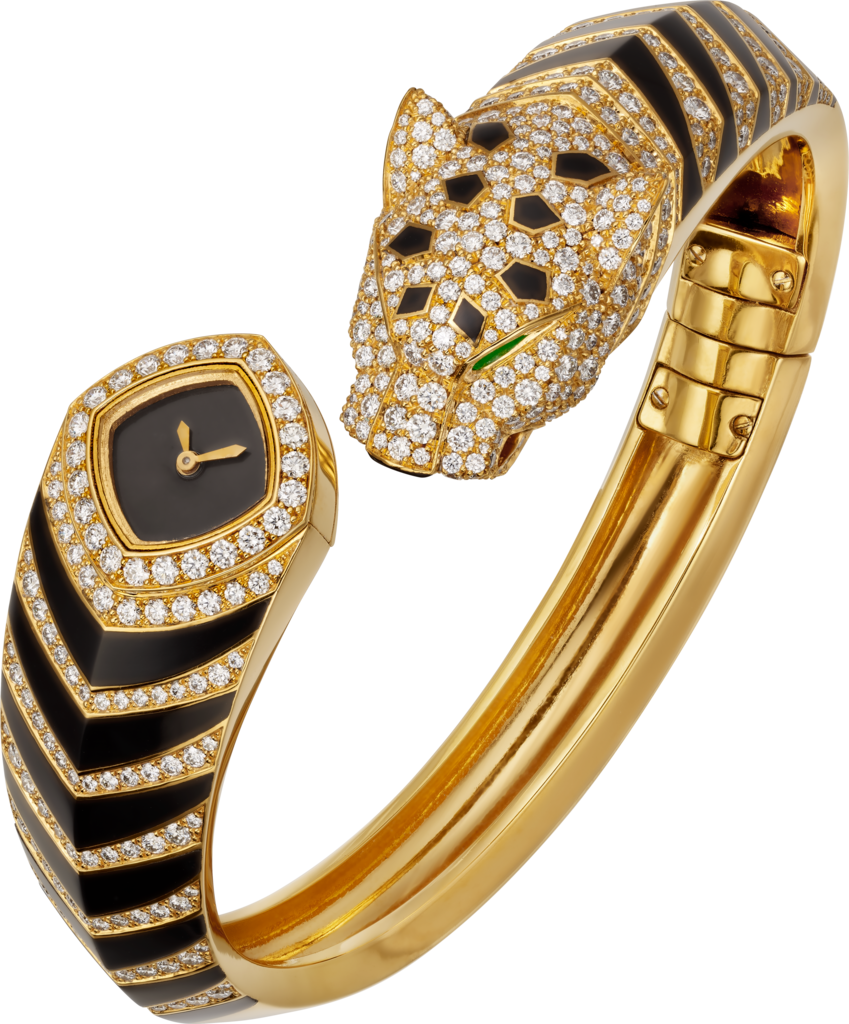 La Panthère de Cartier watch18mm, quartz movement, yellow gold, diamonds, emeralds, lacquer