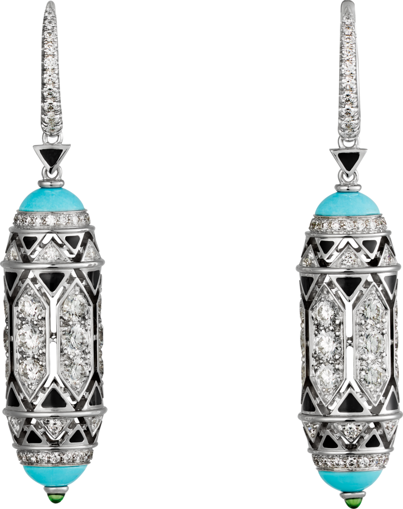 High Jewellery earringsWhite gold, turquoise, emerald cabochons, black lacquer, diamonds