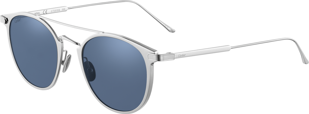 Gafas de sol C de CartierMetal, acabado gris PVD, detalles acabado paladio, lentes azules oscuras.