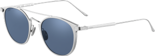 Gafas de sol C de Cartier Metal, acabado gris PVD, detalles acabado paladio, lentes azules oscuras.