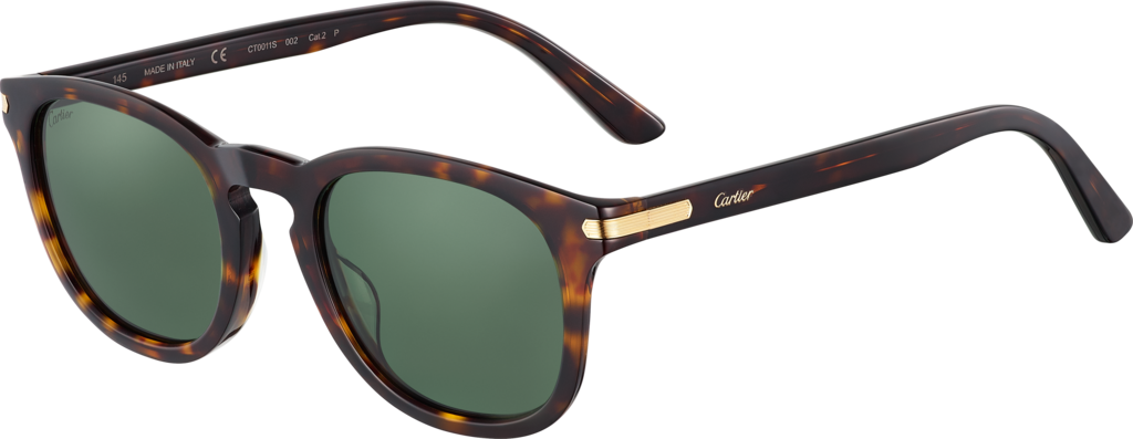 C de Cartier SunglassesTortoiseshell-effect coloured composite, champagne golden finish, green polarised lenses.
