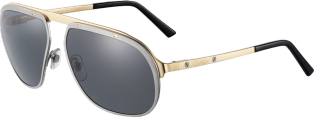 Santos de Cartier Sonnenbrille Metall, gebürstetes Ruthenium- und champagnerfarbenes Gold-Finish, polarisierende graue Gläser.