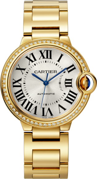 Ballon Bleu de Cartier watch 36 mm, mechanical movement with automatic winding, yellow gold, diamonds