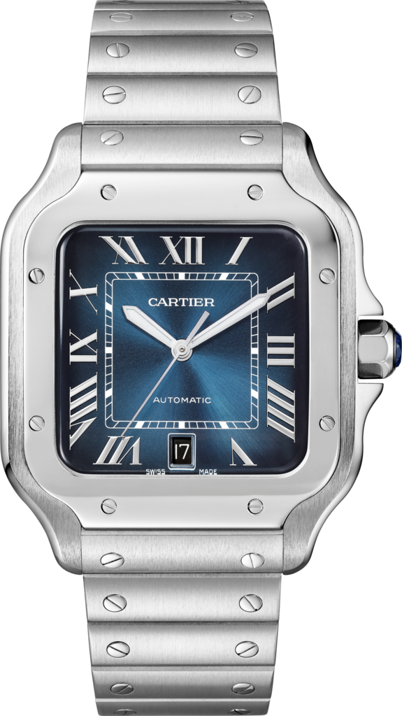 Reloj Santos de CartierTamaño grande, movimiento automático, acero, brazalete de metal y correa de piel intercambiables