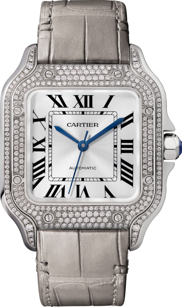 Reloj Santos de CartierTamaño mediano, movimiento automático, oro blanco, diamantes, dos correas de piel intercambiables