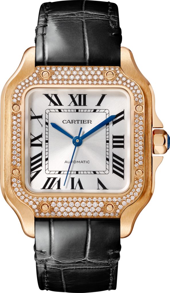 Reloj Santos de CartierTamaño mediano, movimiento automático, oro rosa, diamantes, dos correas de piel intercambiables