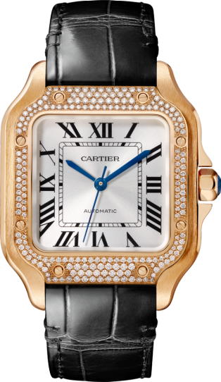 Montre Santos de Cartier Moyen modèle, mouvement automatique, or rose, diamants, 2 bracelets cuir interchangeables