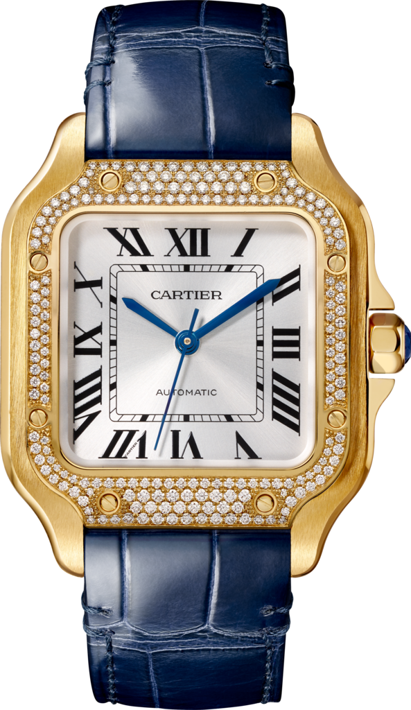 Montre Santos de CartierMoyen modèle, mouvement automatique, or jaune, diamants, 2 bracelets cuir interchangeables