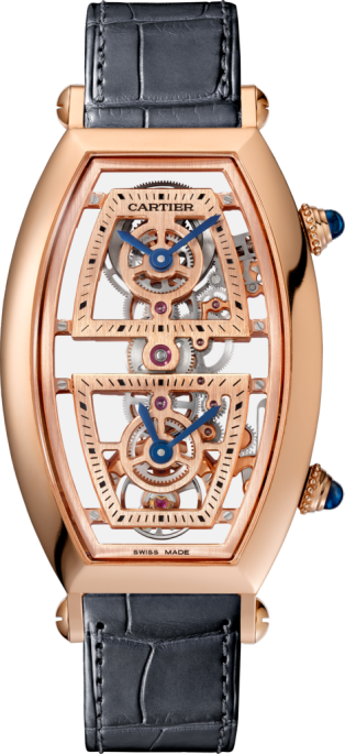 Reloj Tonneau Tamaño extra grande, movimiento mecánico de cuerda manual, oro rosa, piel