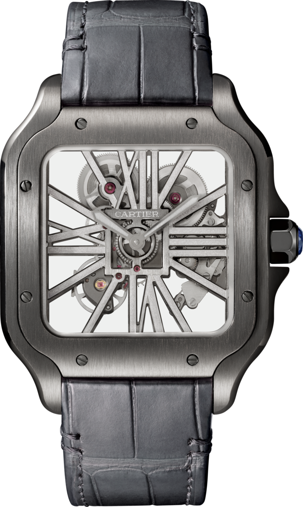 Reloj Santos de CartierTamaño grande, movimiento mecánico de cuerda manual, acero, ADLC, piel