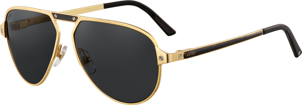 Santos de Cartier SonnenbrilleBügel und Nasenauflage in schwarzem Lack, Metall im champagnerfarbenen Gold-Finish, polarisierte graue Gläser