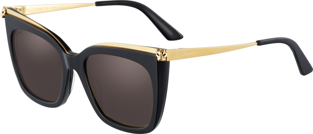 Panthère de Cartier sunglassesCombined black composite and smooth golden-finish metal, grey lenses.