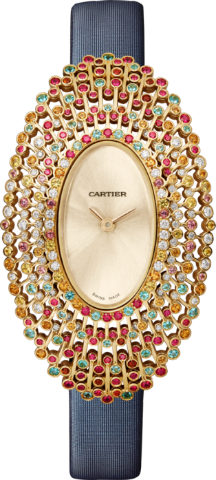 Reloj Cartier Libre Tamaño grande, movimiento de cuarzo, oro amarillo, diamantes, zafiros amarillos, piedras preciosas
