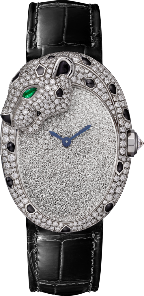 Reloj Joaillère PanthèreTamaño grande, movimiento automático, oro blanco, diamantes, esmeralda, laca