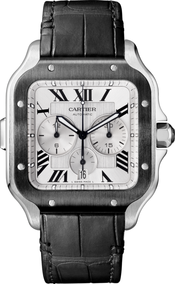 Reloj Santos de Cartier Cronógrafo Tamaño extra grande, movimiento automático, acero, ADLC, correas de caucho y piel intercambiables