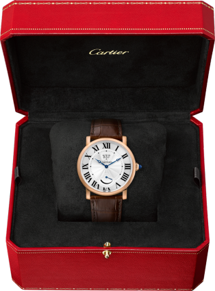 Reloj Rotonde de Cartier Apertura de calendario y reserva de marcha 40 mm, movimiento mecánico de cuerda manual, oro rosa, piel