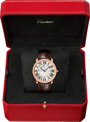 Reloj Ronde Louis Cartier 42 mm, movimiento mecánico de cuerda manual, oro rosa, diamantes, piel