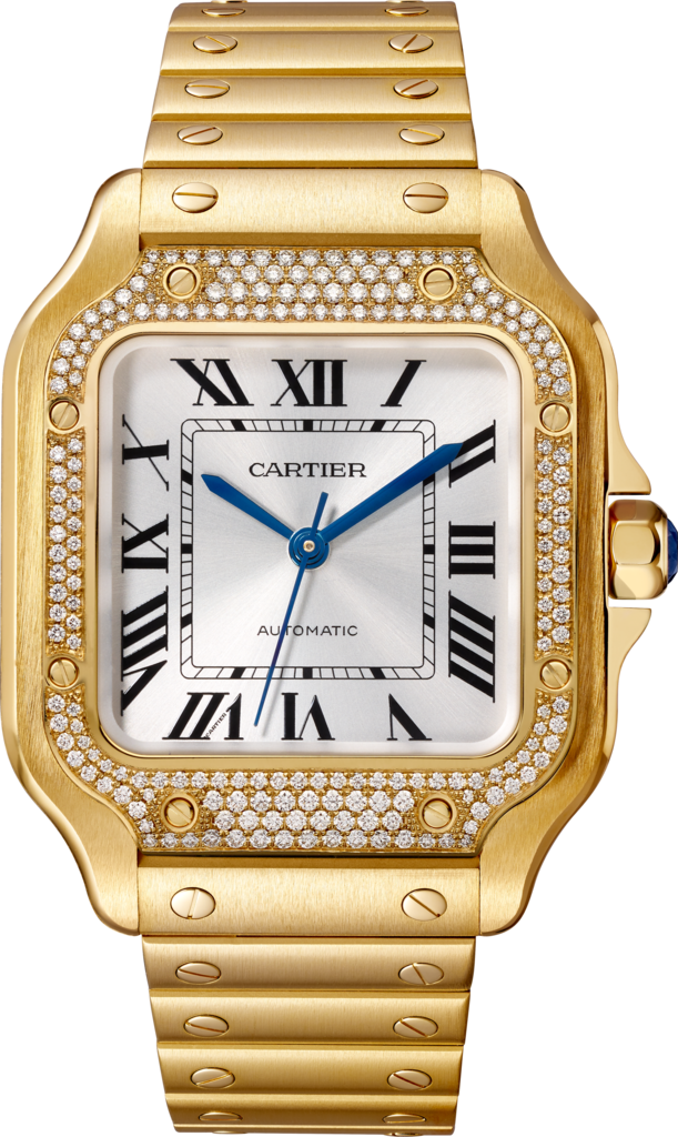 Reloj Santos de CartierTamaño mediano, movimiento automático, oro amarillo, diamantes, brazalete de metal y correa de piel intercambiables