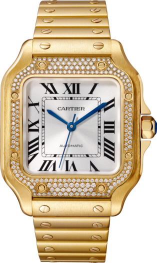 Montre Santos de Cartier Moyen modèle, mouvement automatique, or jaune, diamants, bracelets métal et cuir interchangeables