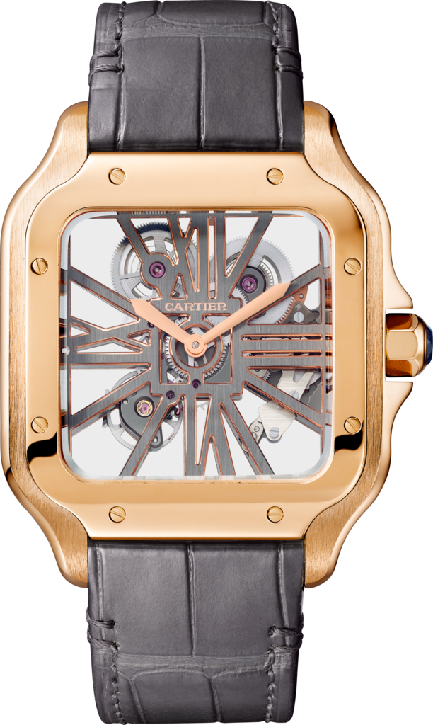 Reloj Santos de CartierTamaño grande, movimiento mecánico de cuerda manual, oro rosa, piel