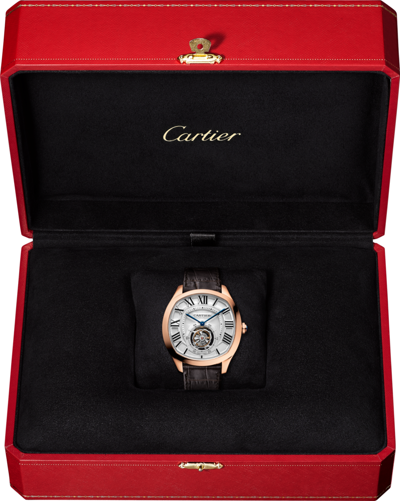 Reloj Drive de Cartier Tourbillon VolanteTamaño grande, movimiento mecánico de cuerda manual, oro rosa, piel