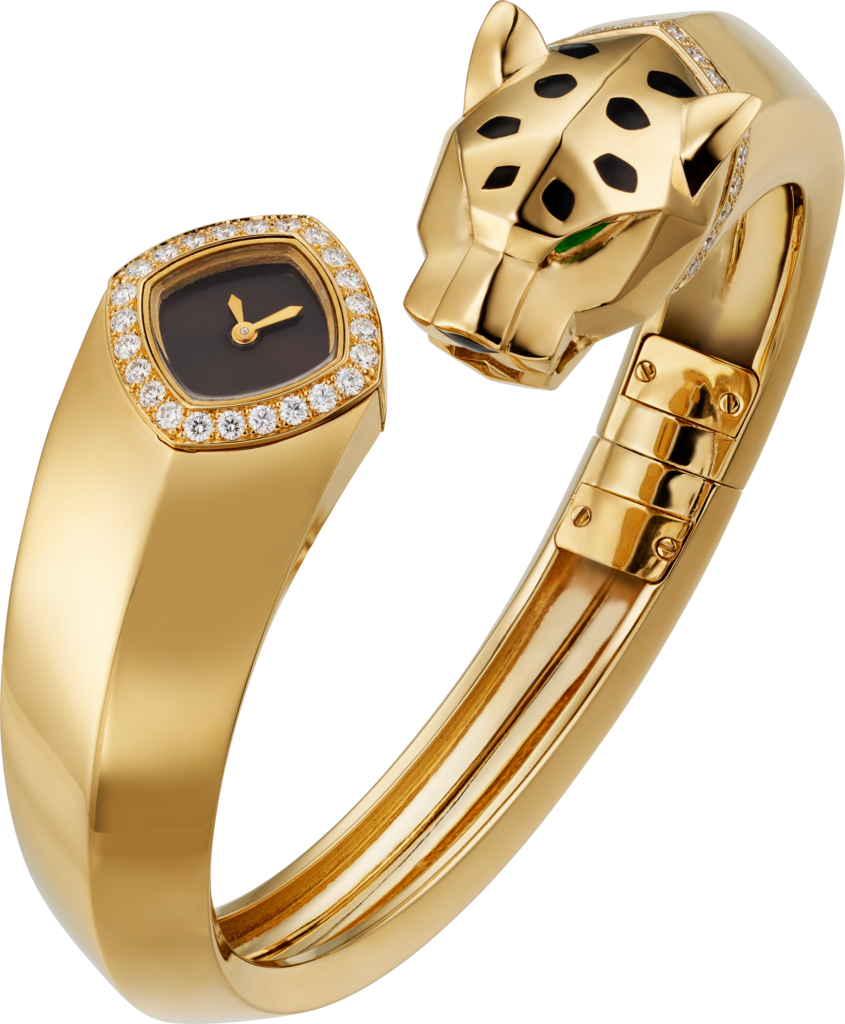 Reloj La Panthère de Cartier18 mm, movimiento de cuarzo, oro amarillo, diamantes, tsavoritas, laca
